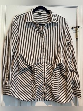 Women's Ann Taylor Grey & White Striped LS Button Up Blouse Tie Front Size 16